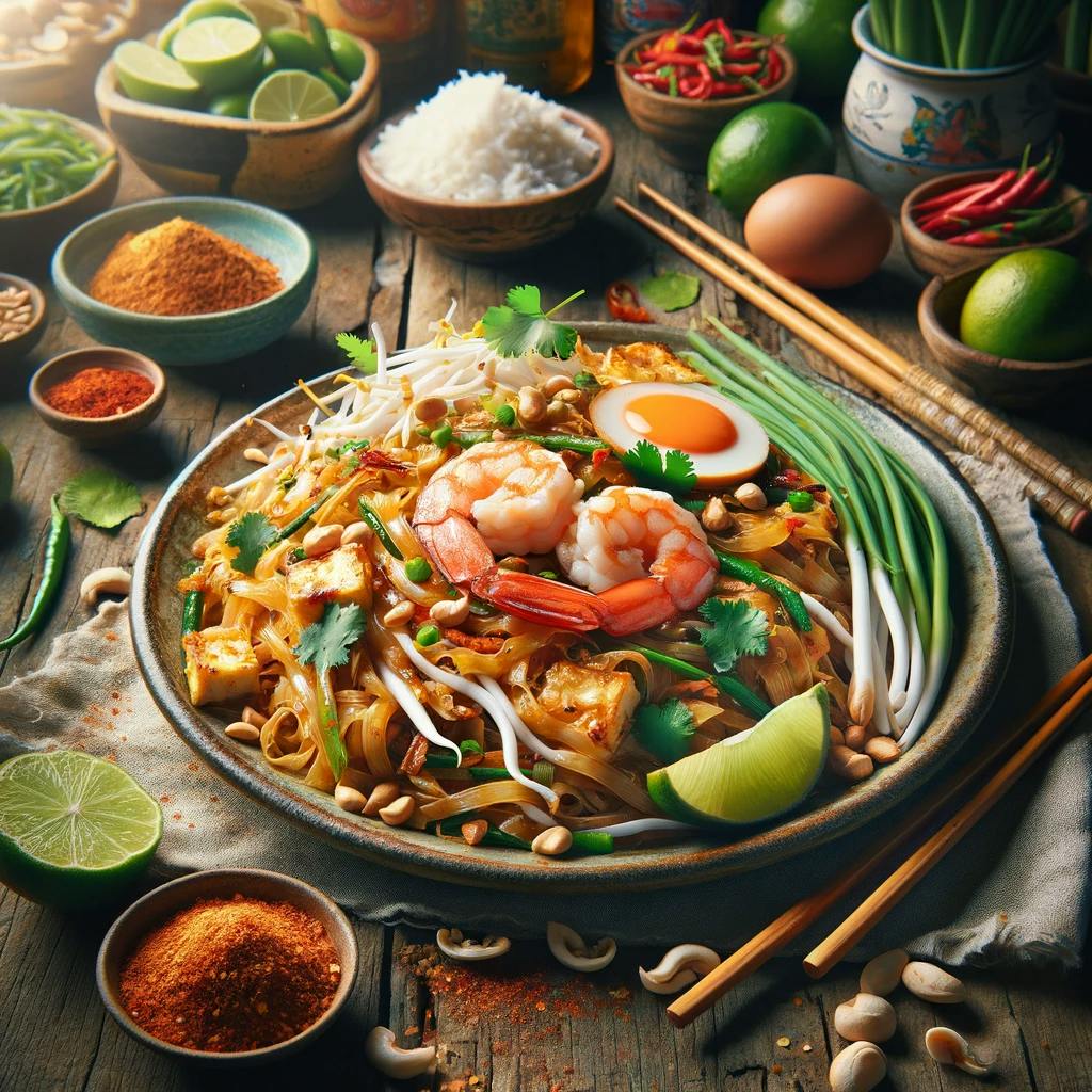 An authentic and highly realistic plate of Pad Thai, prepared in a street food stall. The dish includes stir-fried rice noodles, shrimp, bean sprouts, eggs, tofu, and peanuts, garnished with fresh lime wedges, cilantro, and a sprinkle of chili flakes. The scene captures the vibrant, bustling atmosphere of a street food market, with colorful ingredients and cooking utensils in the background. The plate is on a rustic wooden table, with typical chopsticks beside it and a small dish of extra lime wedges and chili flakes on the side.