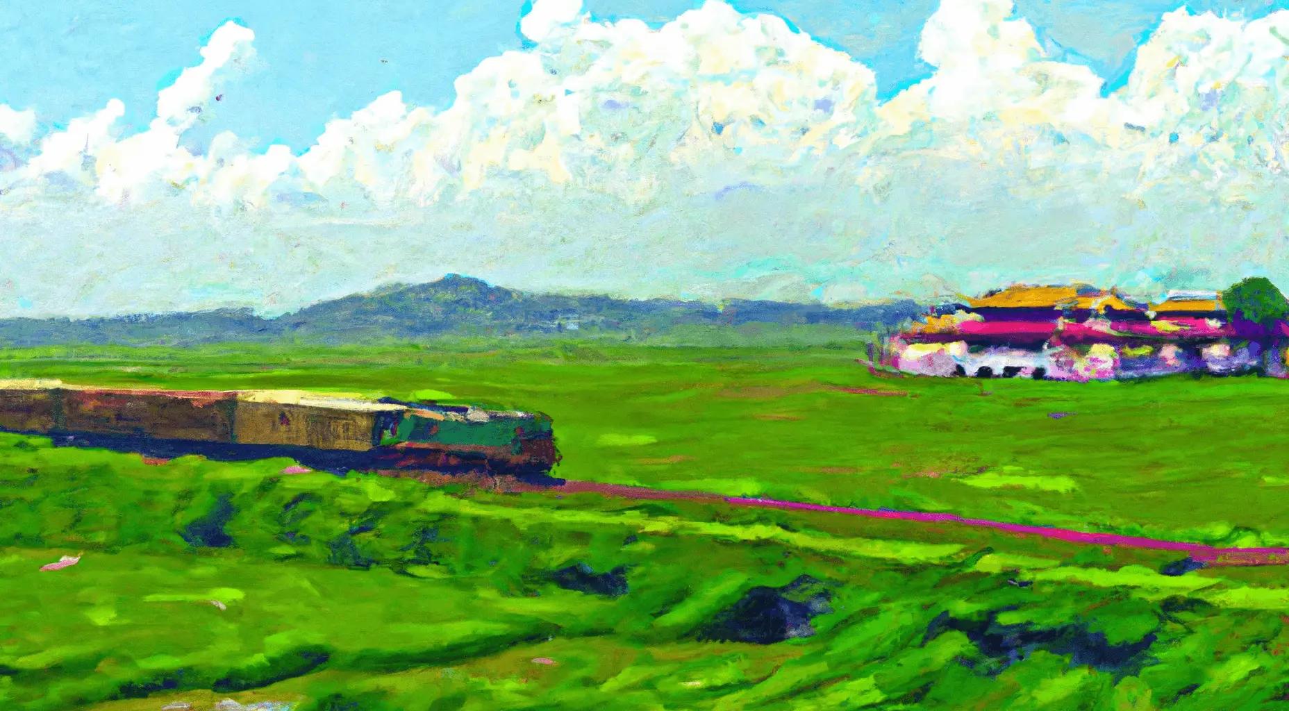 Un treno nelle rigogliose terre verdi del Vietnam. Sulla destra si trova la Cittadella Imperiale di Hue. L'immagine è disegnata in uno stile alla Van Gogh, generata con DALL-E AI.