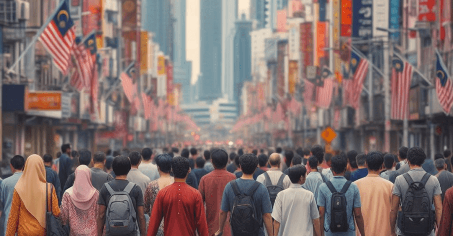 Foto realistica di persone appartenenti a diversi gruppi etnici in Malaysia che camminano su una strada a Kuala Lumpur.