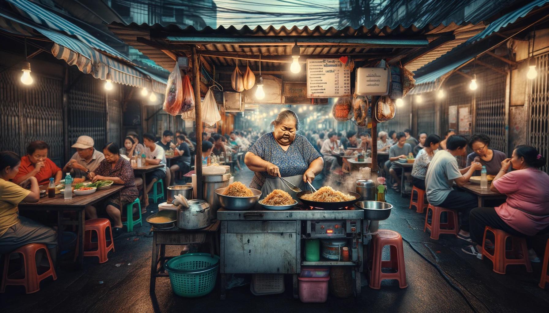 A thai female cook is cooking pad thai in a food street stall. Around there are some people eating food and enjoying themselves. The scene happens in the street of Bangkok. Image generated through DALLE.