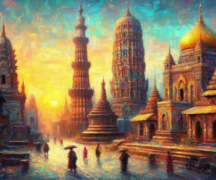 Pittura impressionista di una moschea, un tempio hindu e una stupa buddista situati vicino l'uno all'altro. L'immagine ha molti colori, ma il blu, il giallo e il rosso sono i più prevalenti. In basso ci sono anche alcune persone che camminano, tutte appartenenti a religioni diverse. L'immagine è stata generata tramite DALL E.