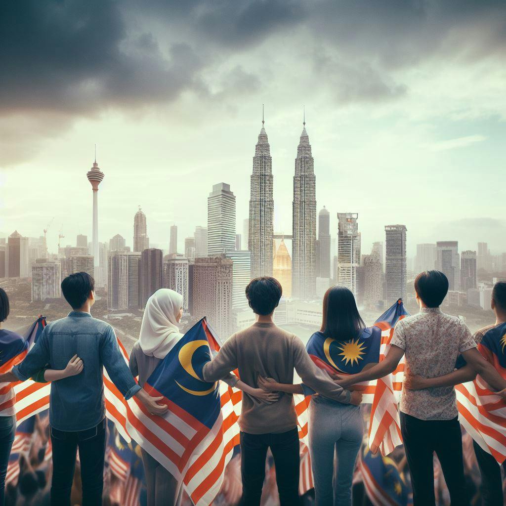 A few Malaysian people, giving their back to the viewer. They are hugging each other looking towards the city of Kuala Lumpur. Some of them keep a Malaysian flag in their hand. In the background it is possible to spot the the Petronas Towers, and other skyscrapers of Kuala Lumpur.