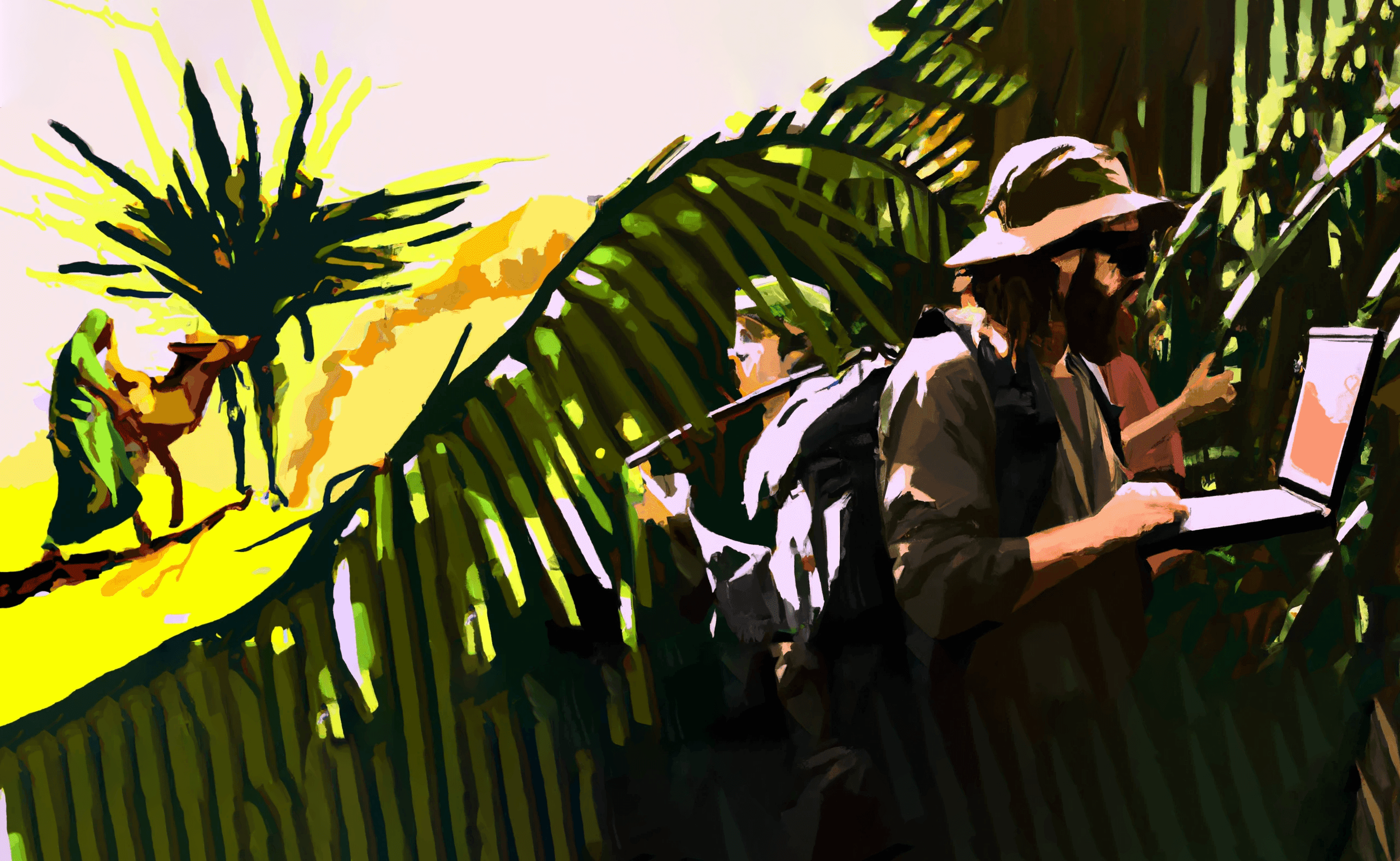 On the left there is a traditional nomad, a more modern nomad with a lance in the middle and a digital nomad on the right carrying a laptop. The scene happens in a tropical jungle and is made with digital art