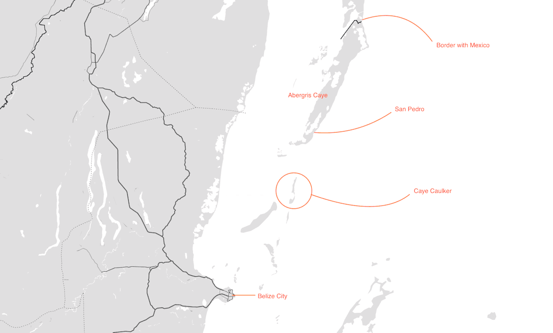 Costa a nord di Belize City Mappa che indica la posizione di Caye Caulker, San Pedro e Belize City