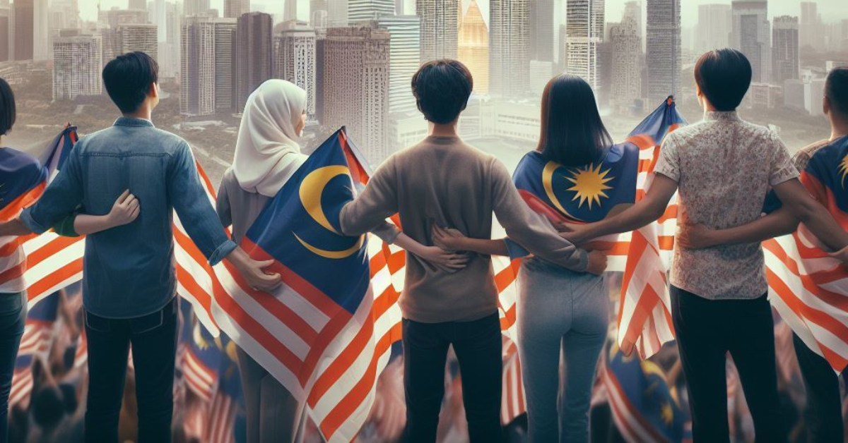 A few malaysian people, giving their back to the viewer. They are hugging each other looking towards the city of Kuala Lumpur. Some of them keep a malaysian flag in their hand. In the background it is possible to spot some skyscrapers of Kuala Lumpur.