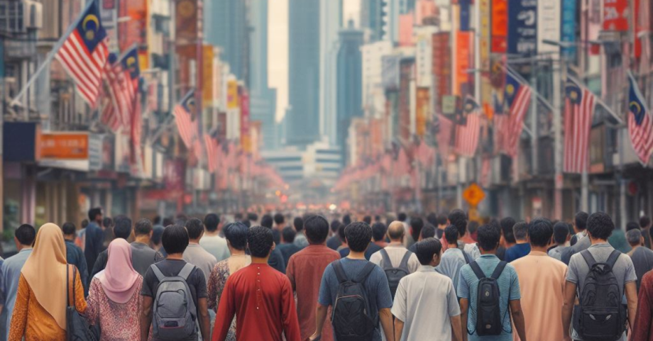 Realistic photo of people from different ethnic groups in Malaysia walking on a street in Kuala Lumpur. 