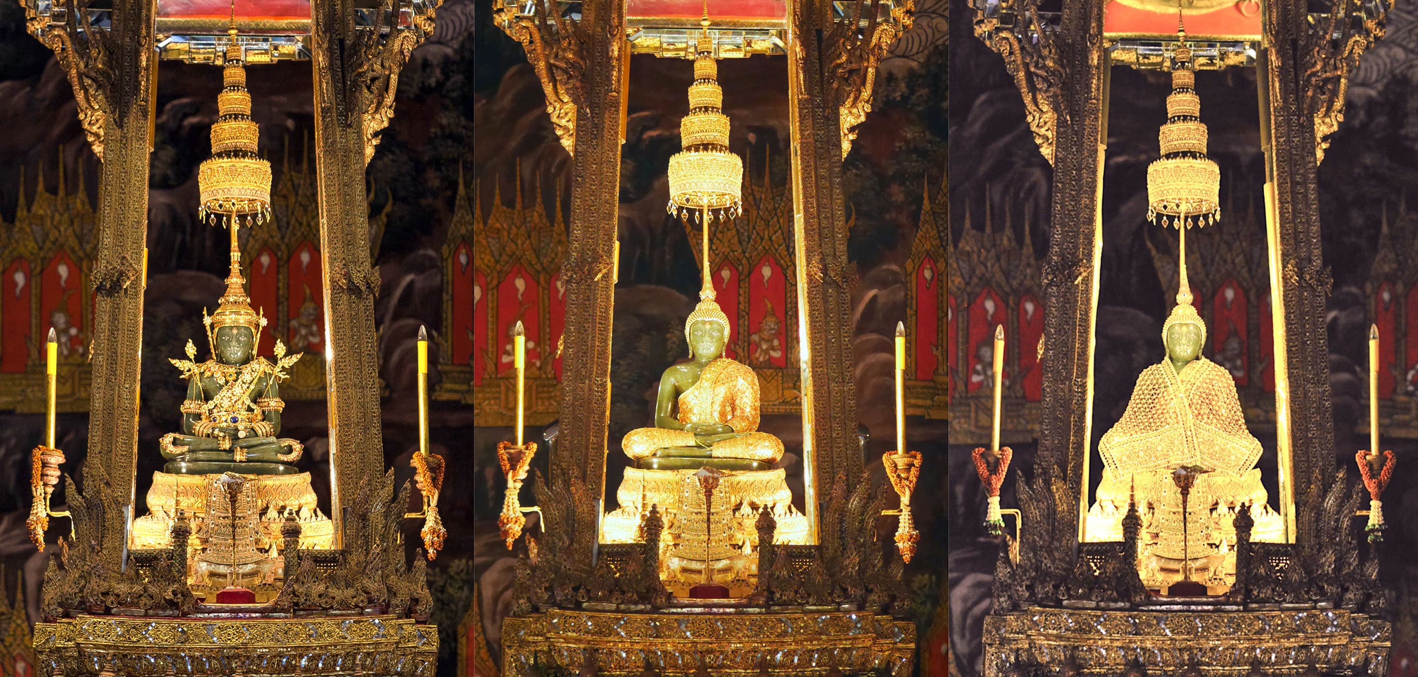 <span>
The Emerald Buddha in its three dresses. 
By <a href="https://commons.wikimedia.org/wiki/User:Sodacan" title="User:Sodacan">Sodacan</a> - <a href="https://commons.wikimedia.org/wiki/File:Summer_-_Emerald_Buddha.jpg" class="image" title="By Supanut Arunoprayote: Original file: File:Summer - Emerald Buddha.jpg"></a>By <a href="https://commons.wikimedia.org/wiki/User:Supanut_Arunoprayote" title="User:Supanut Arunoprayote">Supanut Arunoprayote</a>: Original file: <a href="https://commons.wikimedia.org/wiki/File:Summer_-_Emerald_Buddha.jpg" title="File:Summer - Emerald Buddha.jpg">File:Summer - Emerald Buddha.jpg</a><a href="https://commons.wikimedia.org/wiki/File:Emerald_Buddha.jpg" class="image" title="By Gremelm: Original file: File:Emerald Buddha.jpg"></a> By <a href="https://commons.wikimedia.org/w/index.php?title=User:Gremelm&amp;amp;action=edit&amp;amp;redlink=1" class="new" title="User:Gremelm (page does not exist)">Gremelm</a>: Original file: <a href="https://commons.wikimedia.org/wiki/File:Emerald_Buddha.jpg" title="File:Emerald Buddha.jpg">File:Emerald Buddha.jpg</a><a href="https://commons.wikimedia.org/wiki/File:%E0%B8%A7%E0%B8%B1%E0%B8%94%E0%B8%9E%E0%B8%A3%E0%B8%B0%E0%B8%A8%E0%B8%A3%E0%B8%B5%E0%B8%A3%E0%B8%B1%E0%B8%95%E0%B8%99%E0%B8%A8%E0%B8%B2%E0%B8%AA%E0%B8%94%E0%B8%B2%E0%B8%A3%E0%B8%B2%E0%B8%A1%E0%B9%81%E0%B8%A5%E0%B8%B0%E0%B8%9E%E0%B8%A3%E0%B8%B0%E0%B8%9A%E0%B8%A3%E0%B8%A1%E0%B8%A1%E0%B8%AB%E0%B8%B2%E0%B8%A3%E0%B8%B2%E0%B8%8A%E0%B8%A7%E0%B8%B1%E0%B8%87_%E0%B9%80%E0%B8%82%E0%B8%95%E0%B8%9E%E0%B8%A3%E0%B8%B0%E0%B8%99%E0%B8%84%E0%B8%A3_%E0%B8%81%E0%B8%A3%E0%B8%B8%E0%B8%87%E0%B9%80%E0%B8%97%E0%B8%9E%E0%B8%A1%E0%B8%AB%E0%B8%B2%E0%B8%99%E0%B8%84%E0%B8%A3_(31).jpg" class="image" title="By กสิณธร ราชโอรส: Original file: File:วัดพระศรีรัตนศาสดารามและพระบรมมหาราชวัง เขตพระนคร กรุงเทพมหานคร (31).jpg"></a>By <a href="https://commons.wikimedia.org/w/index.php?title=User:%E0%B8%81%E0%B8%AA%E0%B8%B4%E0%B8%93%E0%B8%98%E0%B8%A3_%E0%B8%A3%E0%B8%B2%E0%B8%8A%E0%B9%82%E0%B8%AD%E0%B8%A3%E0%B8%AA&amp;amp;action=edit&amp;amp;redlink=1" class="new" title="User:กสิณธร ราชโอรส (page does not exist)">กสิณธร ราชโอรส</a>: Original file: <a href="https://commons.wikimedia.org/wiki/File:%E0%B8%A7%E0%B8%B1%E0%B8%94%E0%B8%9E%E0%B8%A3%E0%B8%B0%E0%B8%A8%E0%B8%A3%E0%B8%B5%E0%B8%A3%E0%B8%B1%E0%B8%95%E0%B8%99%E0%B8%A8%E0%B8%B2%E0%B8%AA%E0%B8%94%E0%B8%B2%E0%B8%A3%E0%B8%B2%E0%B8%A1%E0%B9%81%E0%B8%A5%E0%B8%B0%E0%B8%9E%E0%B8%A3%E0%B8%B0%E0%B8%9A%E0%B8%A3%E0%B8%A1%E0%B8%A1%E0%B8%AB%E0%B8%B2%E0%B8%A3%E0%B8%B2%E0%B8%8A%E0%B8%A7%E0%B8%B1%E0%B8%87_%E0%B9%80%E0%B8%82%E0%B8%95%E0%B8%9E%E0%B8%A3%E0%B8%B0%E0%B8%99%E0%B8%84%E0%B8%A3_%E0%B8%81%E0%B8%A3%E0%B8%B8%E0%B8%87%E0%B9%80%E0%B8%97%E0%B8%9E%E0%B8%A1%E0%B8%AB%E0%B8%B2%E0%B8%99%E0%B8%84%E0%B8%A3_(31).jpg" title="File:วัดพระศรีรัตนศาสดารามและพระบรมมหาราชวัง เขตพระนคร กรุงเทพมหานคร (31).jpg">File:วัดพระศรีรัตนศาสดารามและพระบรมมหาราชวัง เขตพระนคร กรุงเทพมหานคร (31).jpg</a>, <a href="https://creativecommons.org/licenses/by-sa/4.0" title="Creative Commons Attribution-Share Alike 4.0">CC BY-SA 4.0</a>, <a href="https://commons.wikimedia.org/w/index.php?curid=87194491">Wikipedia</a></span>