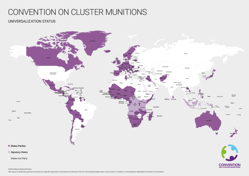Map of signatories of the Convention on Cluster Munitions as of march 2023. / Credits: https://clusterconvention.org A map showing the signatories of the Convention on Cluster Munitions. Signatories are marked in blue, while the other countries are marked in white