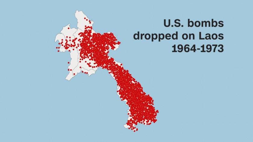 Mappa del Laos, che mostra le aree dove sono state sganciate bombe americane tra il 1964 e il 1973 Mappa che mostra le zone colpite da bombardamenti da parte degli americani, nel periodo tra il 1964 ed il 1973