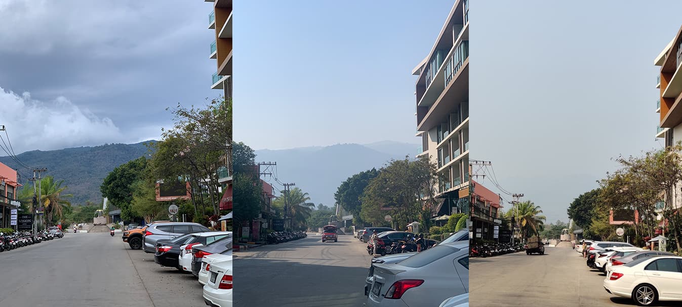 La collina di Doi Suthep vista dal centro di Chiang Mai in giorni diversi La montagna di Doi Suthep in tre diverse "sfumature di smog"