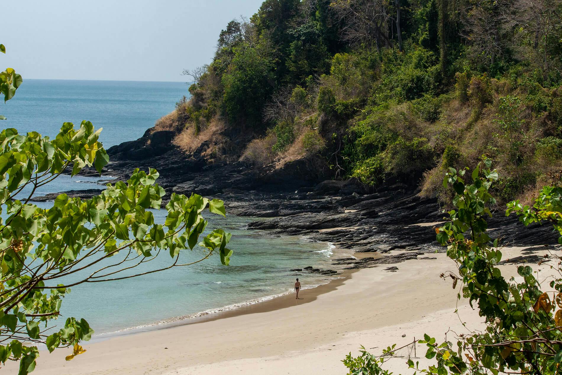 Una bellissima spiaggia di Koh Lanta, in Thailandia. Da dietro dei rami, si intravede il mare e la spiaggia, dietro la quale si innalza una roccia, popolata di verdi alberi.