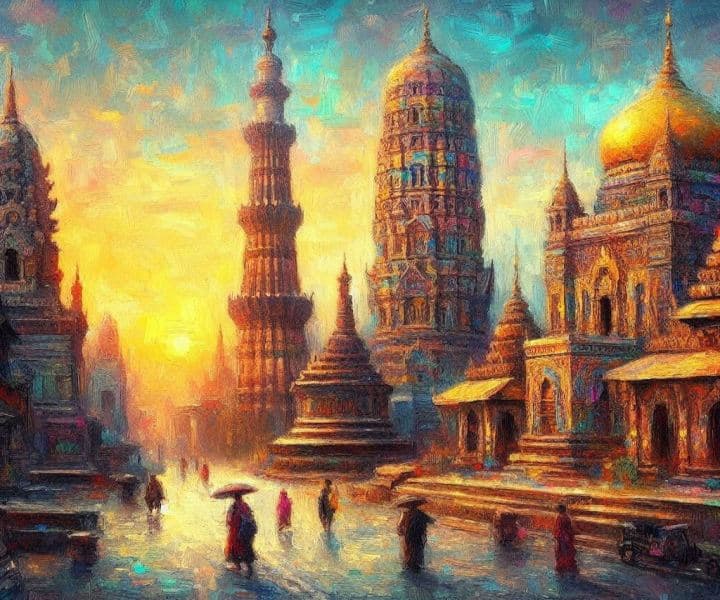 Pittura impressionista di un tempio hindu e una stupa buddista situati in prossimità di una moschea. / Credits: DALL E Pittura impressionista di una moschea, un tempio hindu e una stupa buddista situati vicino l'uno all'altro. L'immagine ha molti colori, ma il blu, il giallo e il rosso sono i più prevalenti. In basso ci sono anche alcune persone che camminano, tutte appartenenti a religioni diverse. L'immagine è stata generata tramite DALL E.